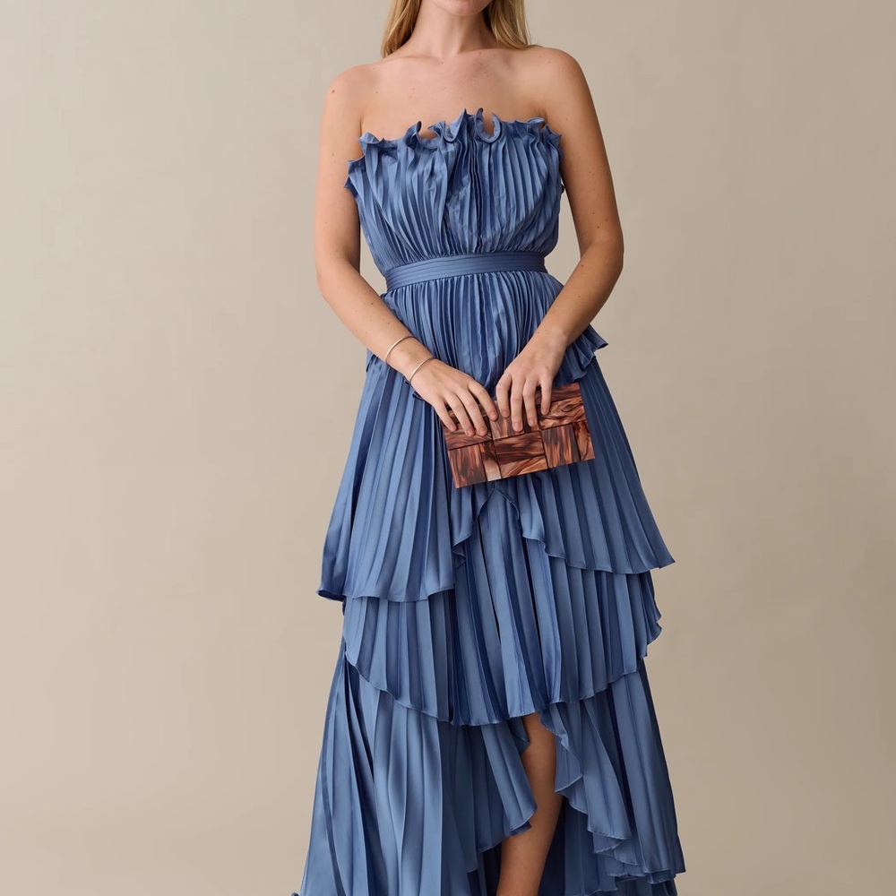 Romantic Strapless Dusty Blue Pleated Tiered Maxi Dress